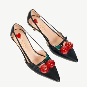 Gucci Unia Black Leather Cherry-Embellished Pointed-Toe Heels